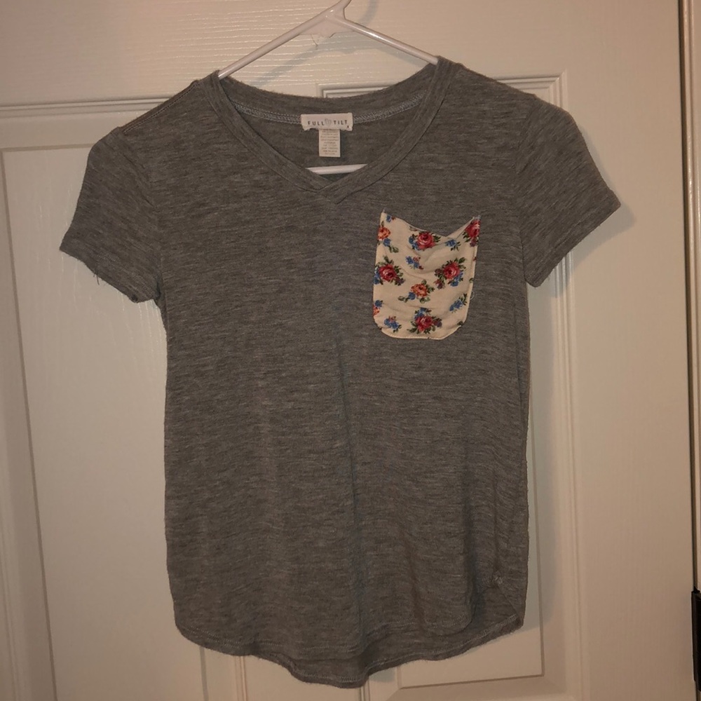 Grey Tee with Floral Pocket